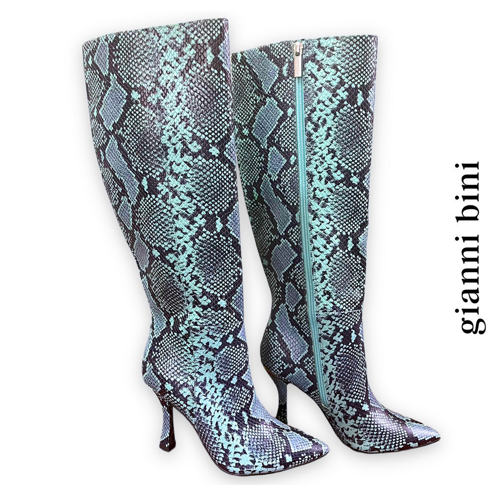 Gianni Bini Lennoxe Snake Print Leather Tall 4" Heel Black Teal Boots 6.5 NWT
